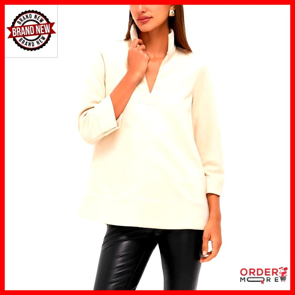 Faux Suede Tunic Top V Neck 3/4 Sleeve Stand Collar Blouse Casual Wear